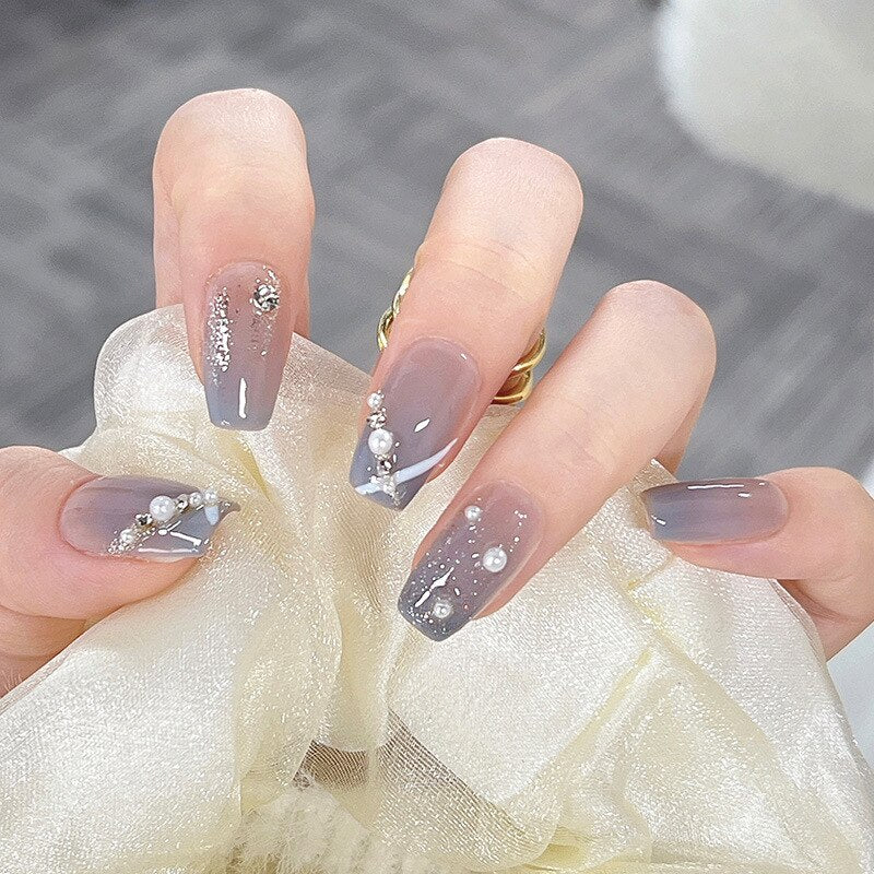 24Pcs Pink Ballet False Nails Long Coffin with Rhinestone Love Heart Wearable Fake Nails Full Cover Press on Nails Tips Glitter