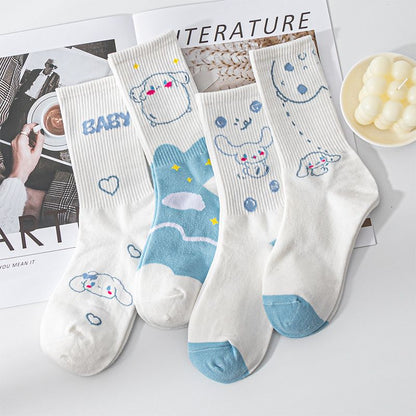 Sanrio Cinnamoroll Cardong Cartoon Girl Heart Autumn and Winter In The Tube Cartoon Socks Every Match Cute Blue Girl Wind