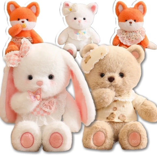 Fluffy Plush White Teddy Brown Bear White Baby Bunny Fox With Bib Dress Cute Yummy Stuffed Animals Cuddly Hug toys for Kids