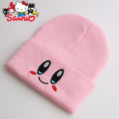 Kirby Winter Cute Smiley Eye Embroidered Knit Cap Stretch Cartoon Beanie Women's Preppy Hood Hipster  Student Warm Headwear