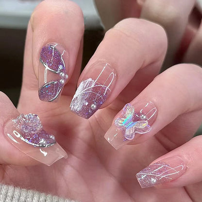 24Pcs Pink Ballet False Nails Long Coffin with Rhinestone Love Heart Wearable Fake Nails Full Cover Press on Nails Tips Glitter
