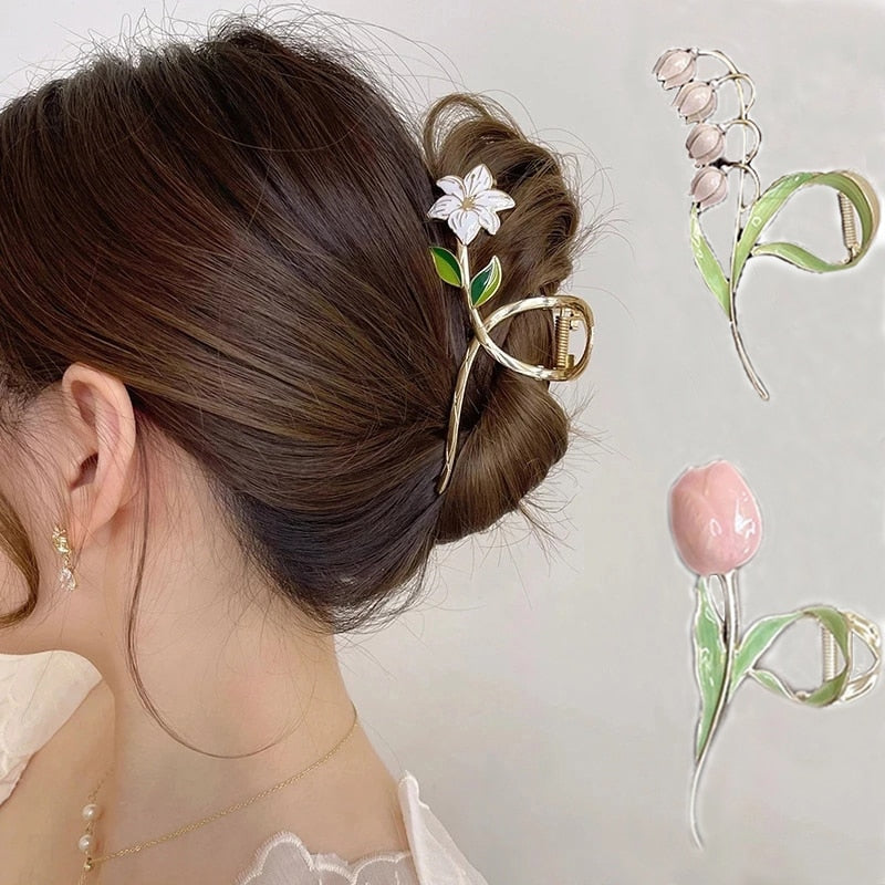 New Korean Vintage Flowers Large Metal Hair Claw Clip Ponytail Women Butterfly Shark Alloy Hair Claw Barrette Hair Accessories
