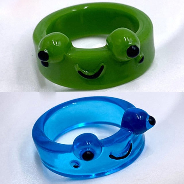 2Pc Cute Frog Rings Lover Polymer Clay Resin Acrylic Rings for Women Girls Couple Travel Ring Summer Fashion Animal Jewelry Gift