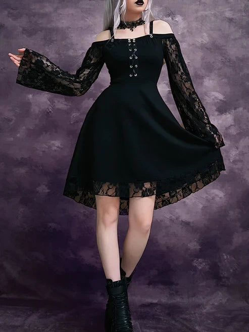 Gothic Vintage Dress Lace Flare Sleeve Womens Autumn Fashion XL Sizes