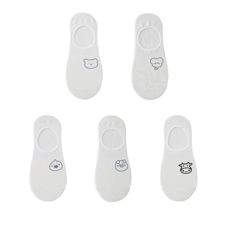 Women's cotton ankle socks, socks designed by rabbits, cows, hearts, warm and informal animals, 5 pairs of 10 pieces