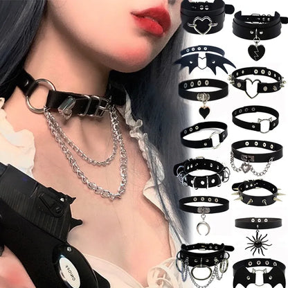 20 Styles Harajuku PU Leather Choker Chain Pendant Necklaces Women Men Punk Neck Gothic Black Necklace Cool Collar Cosplay