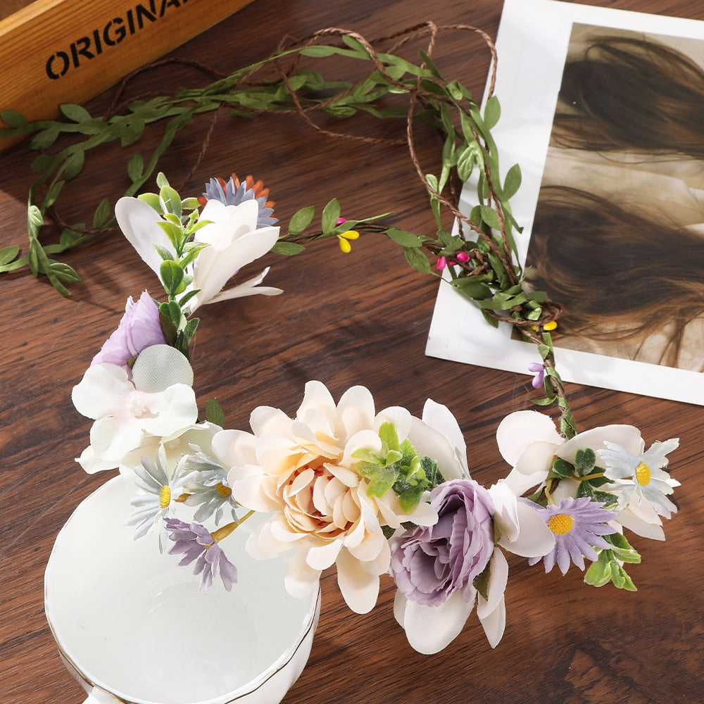 Bohemian Rattan Flower Vines Crown Headband for Bride Wedding Hair Accessories Girls Floral Wreath Head Band Hairstyles Headdres