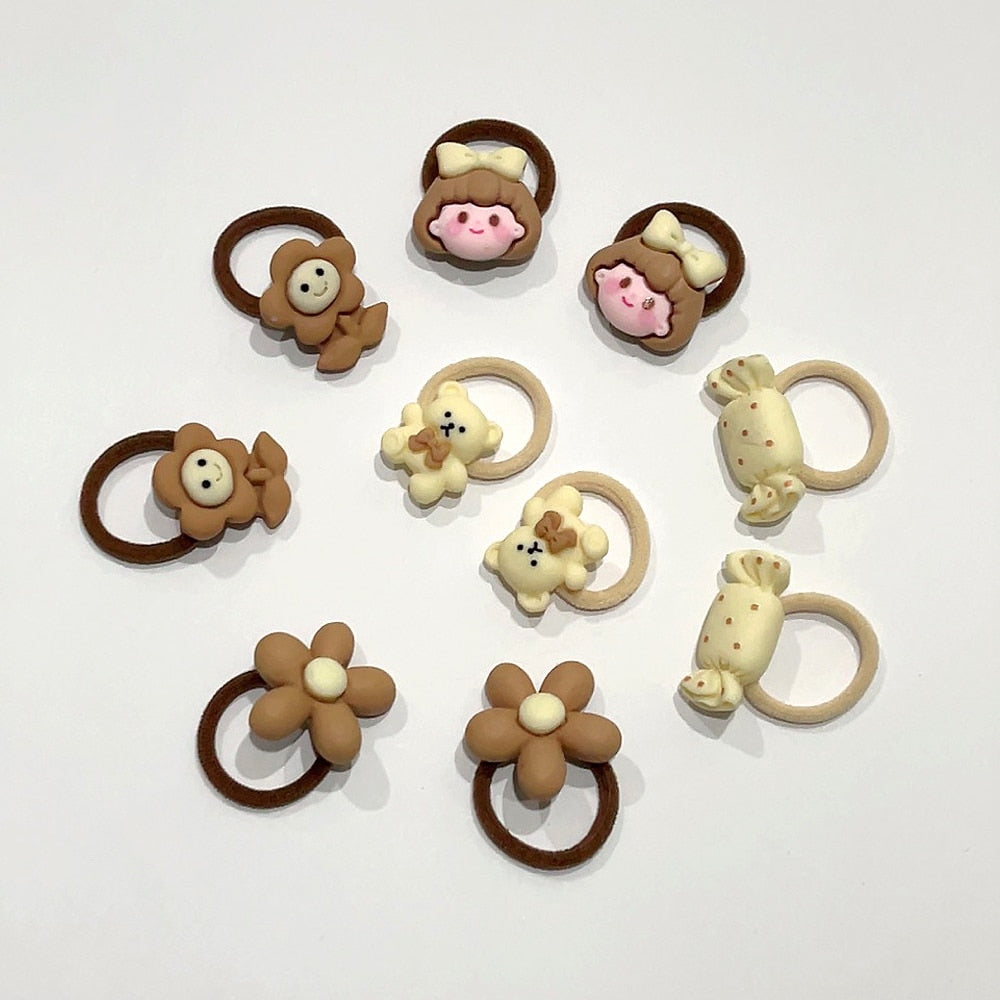 10pcs/Set Cute Bear Rabbit Finger Hair Ties Baby Toddler Elastic Mini Cartoon Animal Flower Ponytail Holder Hair Ropes For Girls