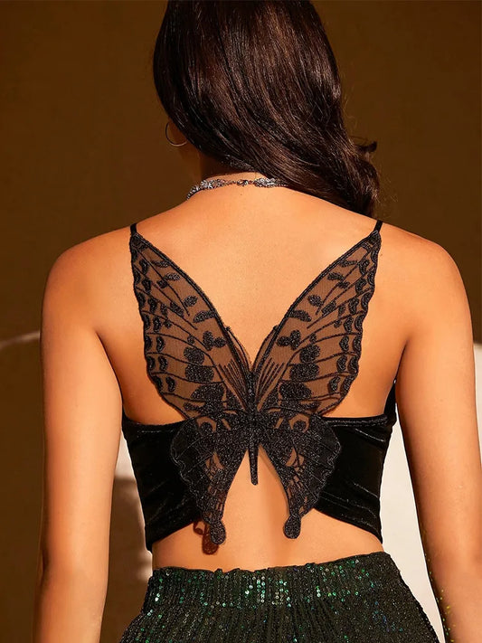 Butterfly Embroidery Mesh Velvet Cami Top Women Club Solid V-neck Sleeveless Spaghetti Strap Crop Top Party Clothes