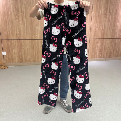 Anime Sanrio Hello Katie Pajamas Flannel Women Kawaii Wool Black and White Cartoon Float Home Pants Fall Fashion Pants New