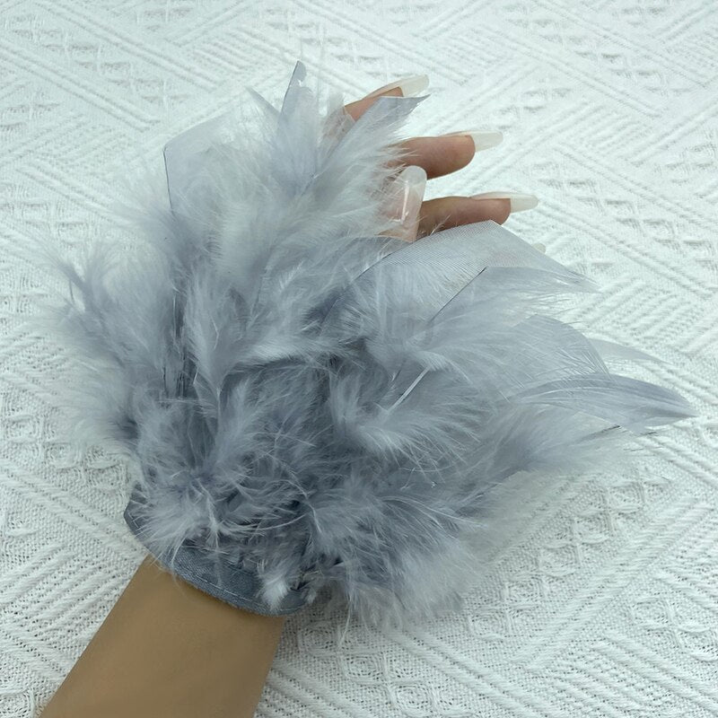 Women Natural Fur Feather Cuffs Snap On Bracelet Arm Cuff Shirts Sleeves For Women Real Ostrich Feather  Anklet Wrist Cuff