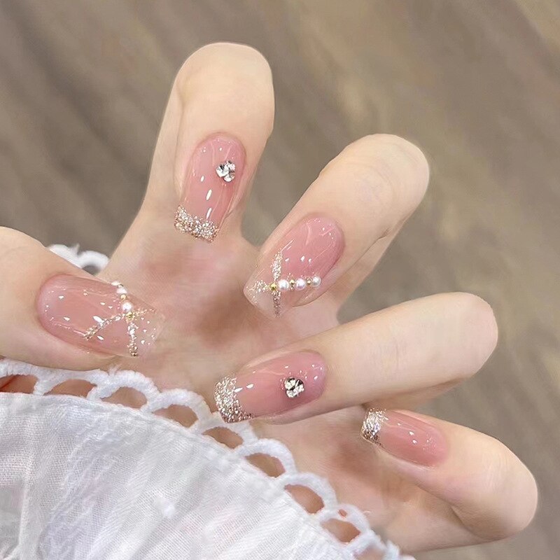 24Pcs Ballerina False Nails with Glue Short Nail Beauty Tools Press on Fake Nails Full Cover Artificial Nails Tips Manicure