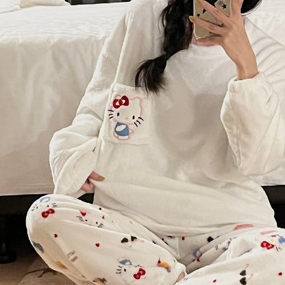 Sanrio Kawaii Pochacco Women Winter Warm Flannel Pajamas Thick Coral Velvet Long Sleeve Cartoon Sleepwear Kawaii Home Suit Coat