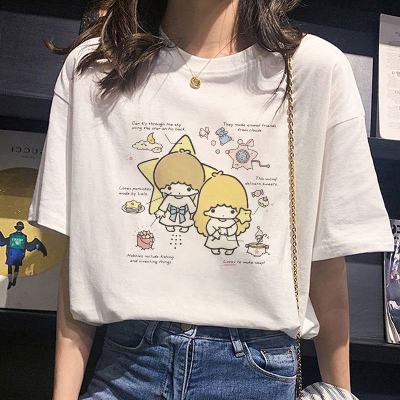 Kawaii Sanrio Short Sleeve Kuromi Cinnamoroll My Melody Cute Cartoon Cotton Short Sleeve T-Shirt White Loose Top Gift