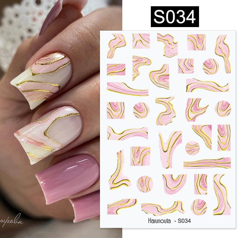 Harunouta Simple Flowers 3D Nail Stickers Gold Heart French Tip Lines Leopard Print Design Adhesive Sliders Manicure Nail Decals