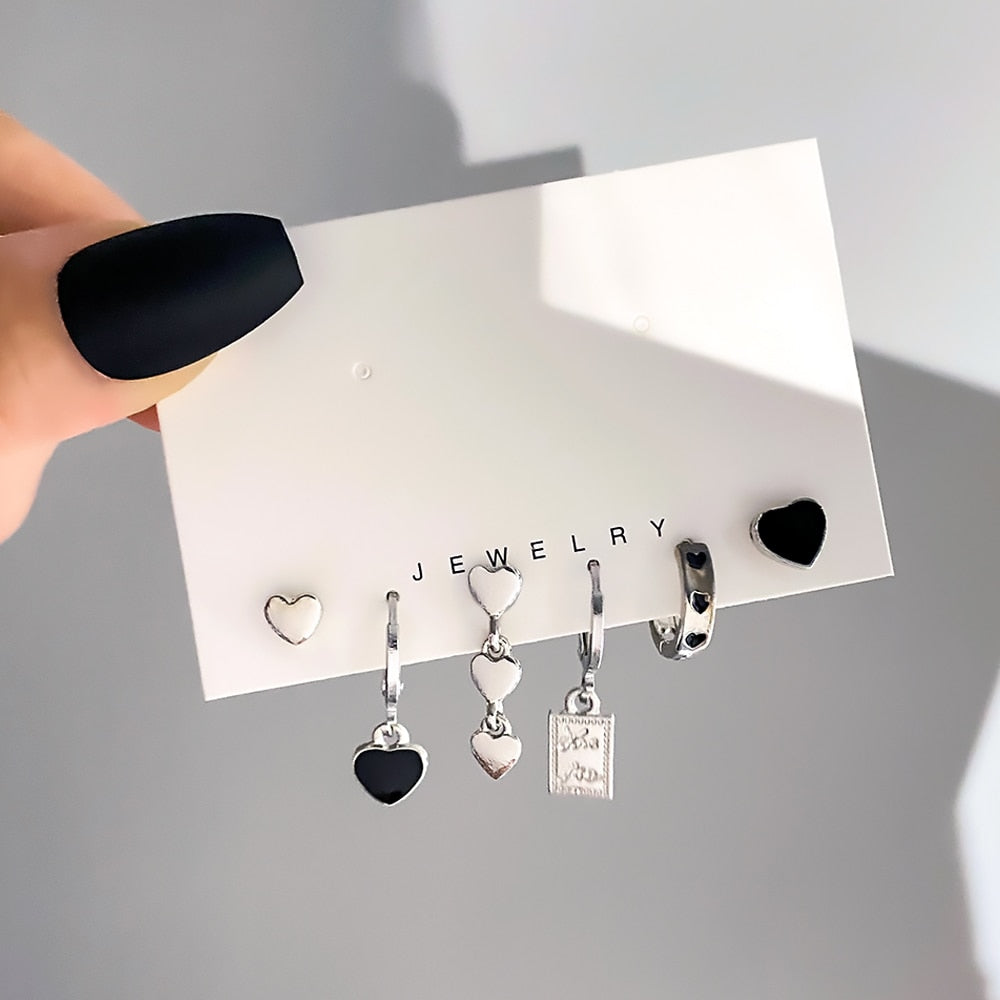 FNIO Korean Fashion Metal Love Heart Circle Drop Small Earrings for Women Trend Pendant Piercing Earrings Set Jewelry