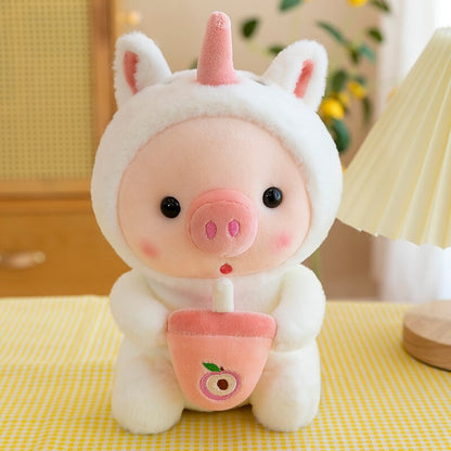 Super Soft Kawaii Cartoon Plush Toy Stuffed Animal Cute Pig Bunny Frog Unicorn Tiger With Tea With Milk Doll Kids Birthday Gift