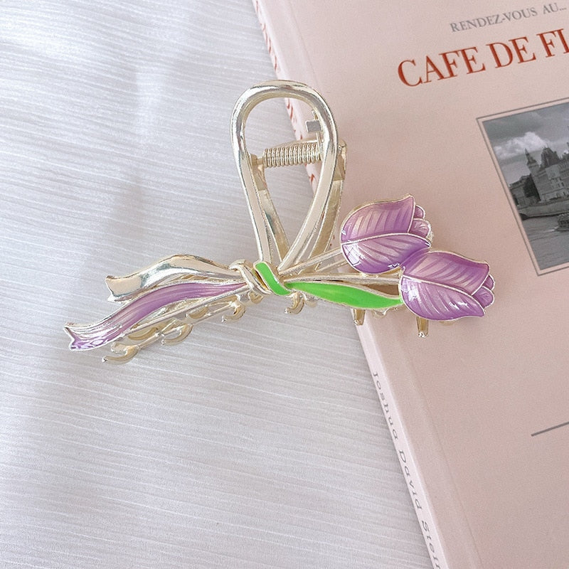 New Korean Vintage Flowers Large Metal Hair Claw Clip Ponytail Women Butterfly Shark Alloy Hair Claw Barrette Hair Accessories