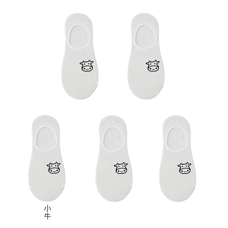 Women's cotton ankle socks, socks designed by rabbits, cows, hearts, warm and informal animals, 5 pairs of 10 pieces