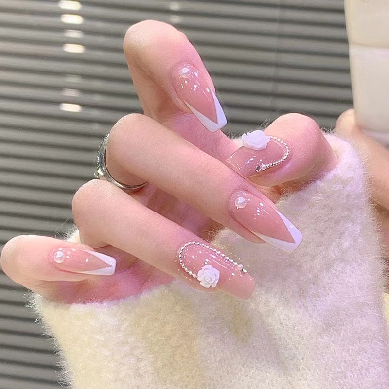 24Pcs Ballerina False Nails with Glue Short Nail Beauty Tools Press on Fake Nails Full Cover Artificial Nails Tips Manicure