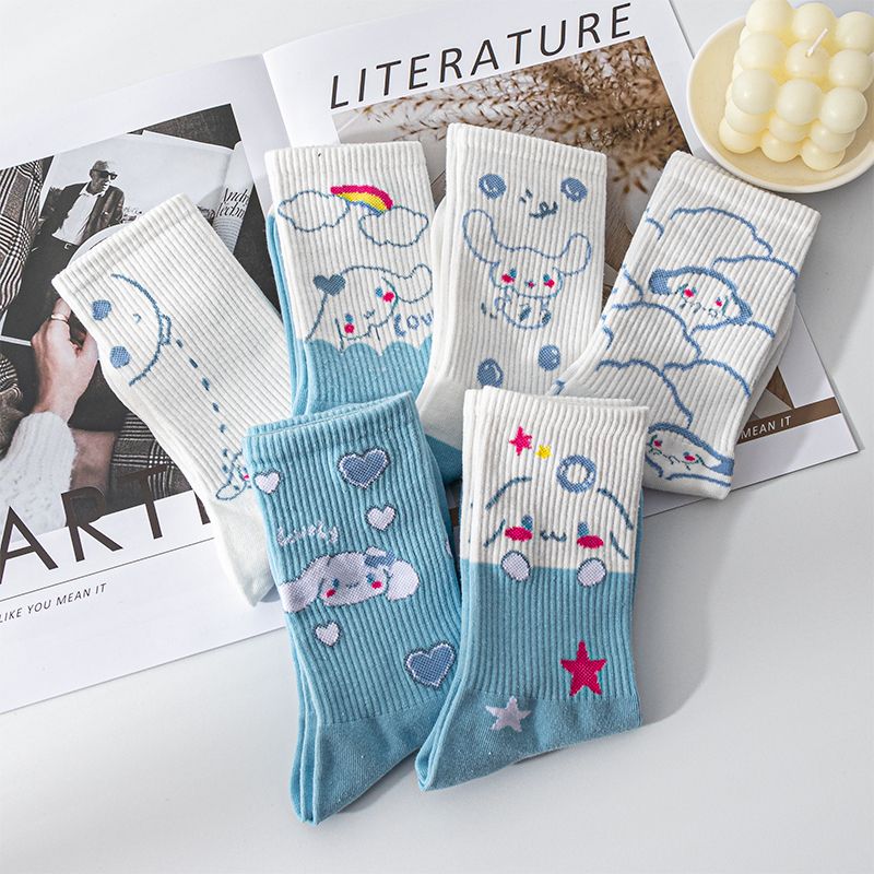 Sanrio Cinnamoroll Cardong Cartoon Girl Heart Autumn and Winter In The Tube Cartoon Socks Every Match Cute Blue Girl Wind