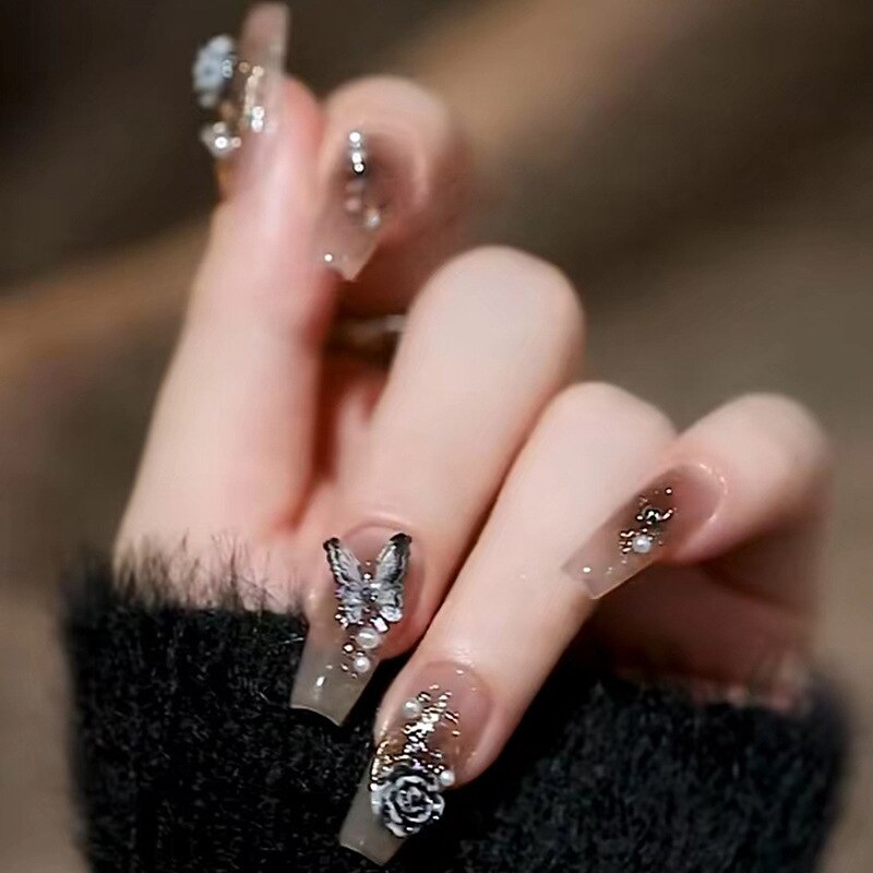 24Pcs Pink Ballet False Nails Long Coffin with Rhinestone Love Heart Wearable Fake Nails Full Cover Press on Nails Tips Glitter