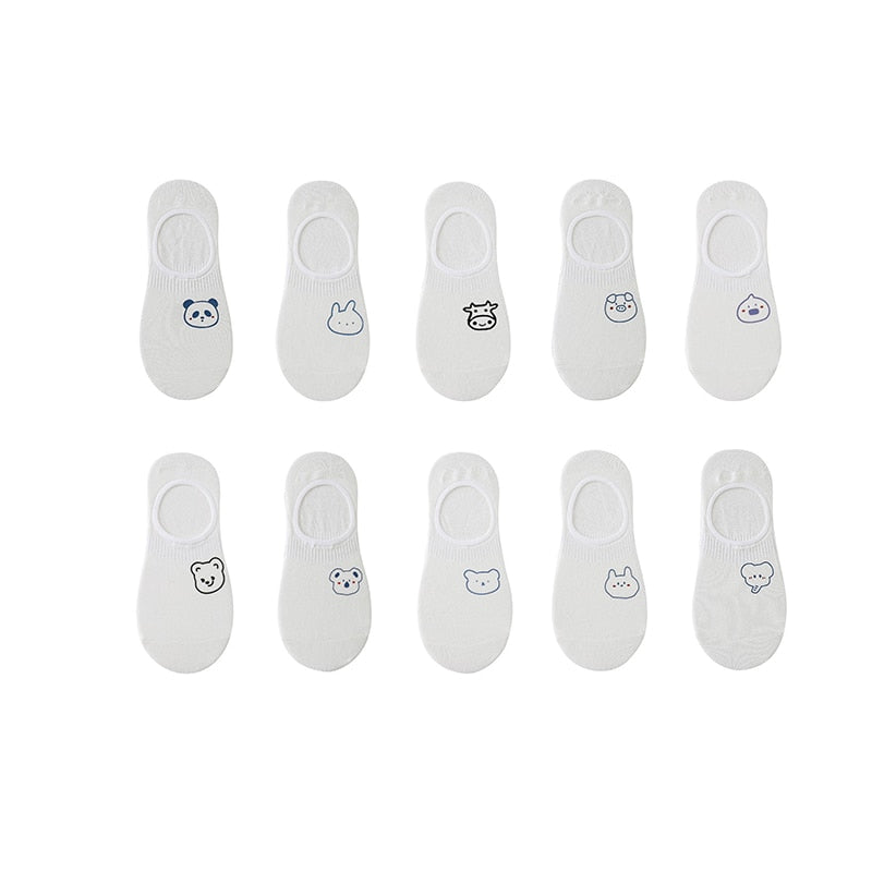 Women's cotton ankle socks, socks designed by rabbits, cows, hearts, warm and informal animals, 5 pairs of 10 pieces