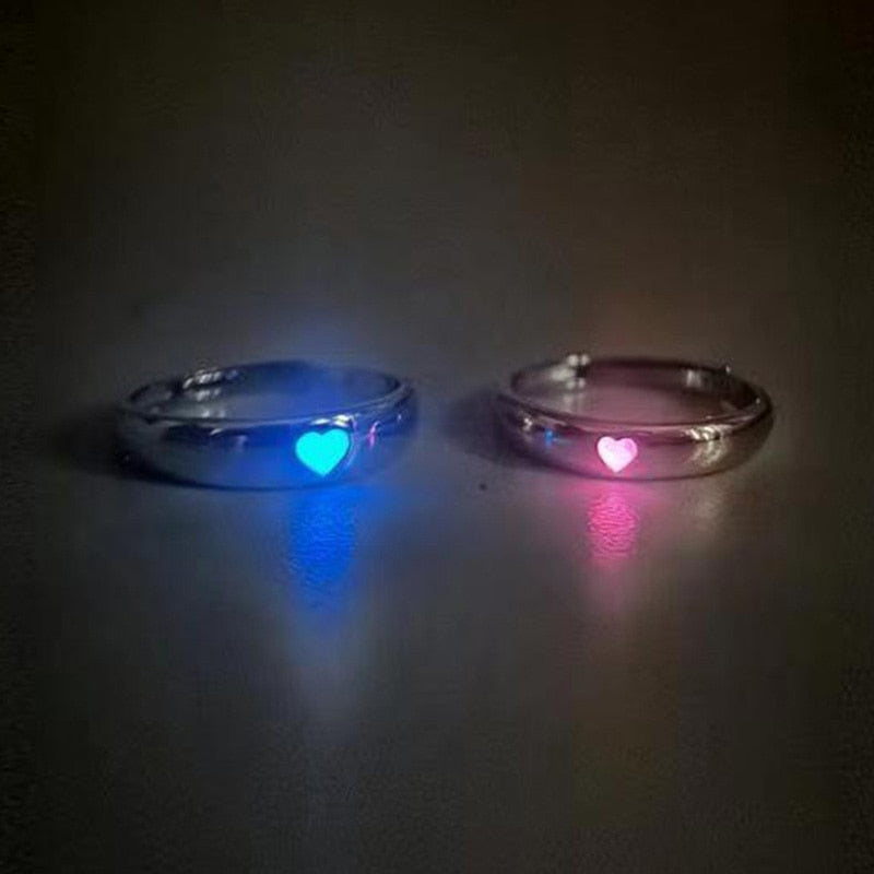 Luminous Love Heart Finger Ring Glow In Dark Fashion Adjustable Couples Rings Silver Color Pink Blue Light Jewelry Lover Gift