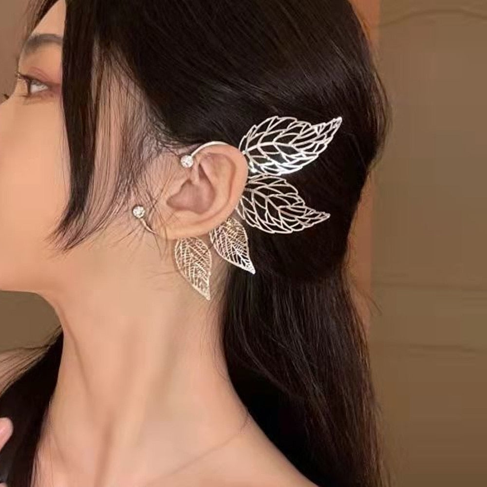 1 Pc Chic Elf Ear Cuff Maple Leaf Hollowed Zircon Leaf Cosplay Fairy Earring Clips for Women Girls Wedding Ear Cuff Jewelry