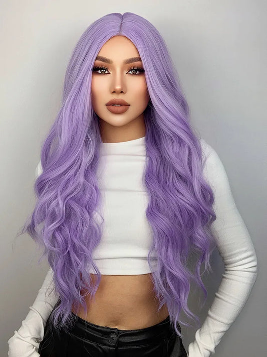 Purple Body Wave Synthetic Wigs For Women Long Ombre Cosplay Party Colorful Wig Natural Hair Heat Resistant Pelucas De Mujer