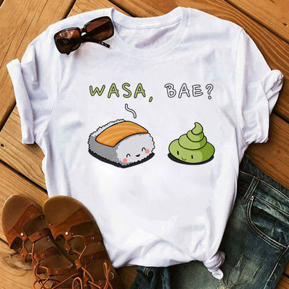 Women Black T-shirts Summer Cute Sushi hug Short Sleeve Tees shirt Femme Summer O-Nock Kawaii Clothing Tops Ladies T shirt
