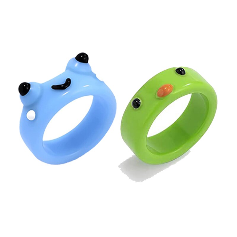 2Pc Cute Frog Rings Lover Polymer Clay Resin Acrylic Rings for Women Girls Couple Travel Ring Summer Fashion Animal Jewelry Gift