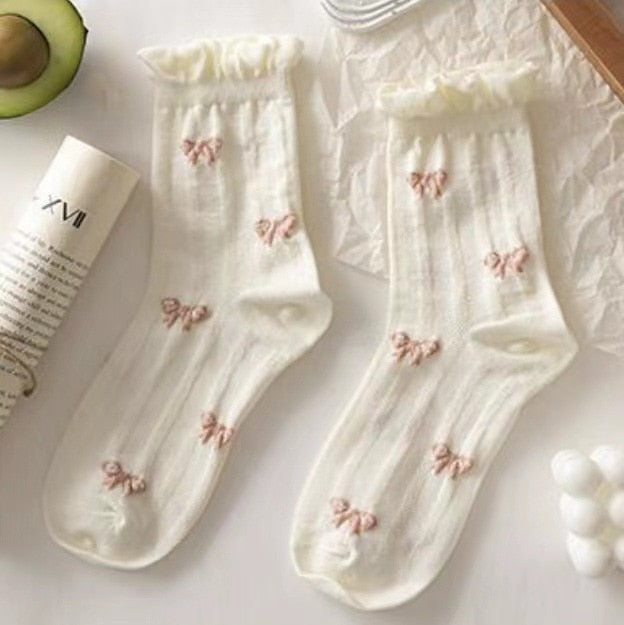 Simple White Socks Versatile Lovely Bowknot Small Flowers Women's Medium Tube Socks kawaii Harajuku jk Lolita Girls Cotton Socks