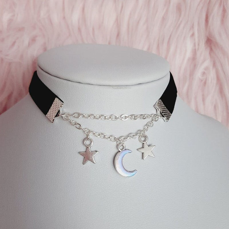 Velvet moon  stars choker Moon And Stars Chain Choker Kawaii Pastel Pink Velvet Chain fashion delicacy women