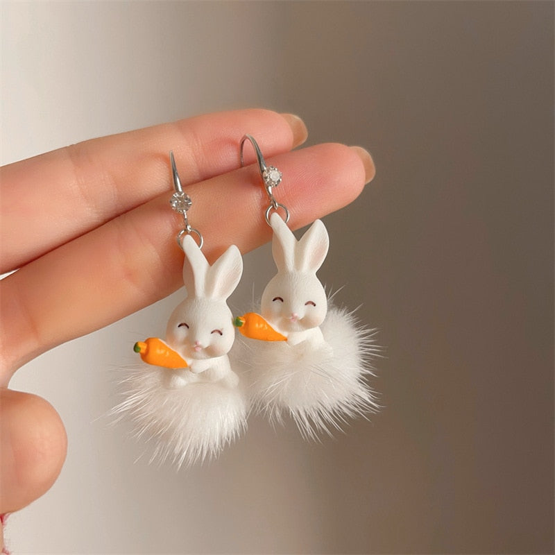 Bear Earrings for Women Girls Fashion Korea Silver Needle Autumn and Winter Earrings Cute Flocking Rabbit Ear Studs Jewelry