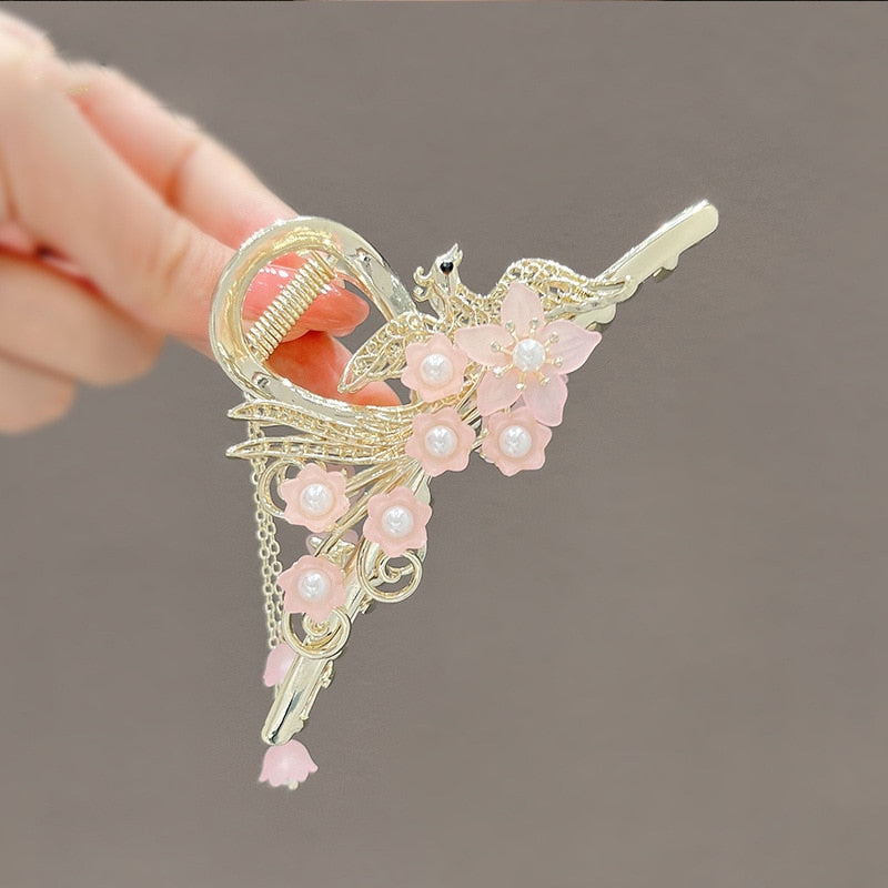 New Classical Orchid Pearl Tassel Grab Clip Ladies Ponytail Clip Flower Shark Clip Girl Elegant Headwear Accessories