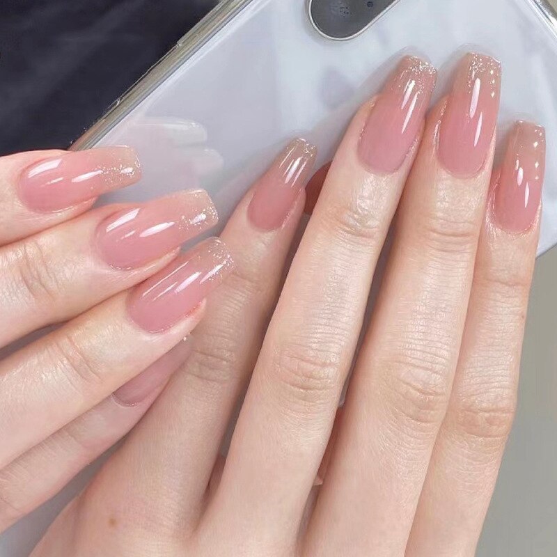 24pcs pink clouds design false nails with glue press on nails medium length acrylic nails coffin full cover nails tips supplies
