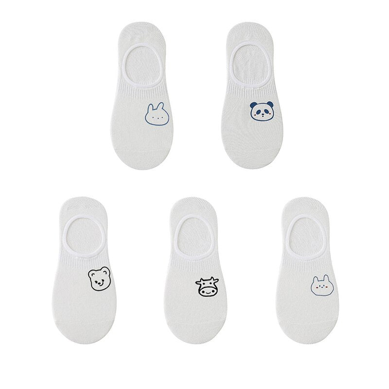 Women's cotton ankle socks, socks designed by rabbits, cows, hearts, warm and informal animals, 5 pairs of 10 pieces