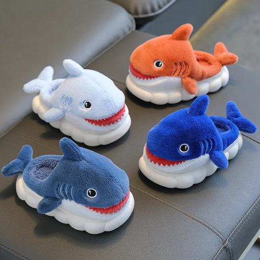 New Winter Cute Cartoon Shark Shaped Cotton Slippers Children's Non-slip Soft For Kids Girls And Boys Baby Warm Plush Home Shoes