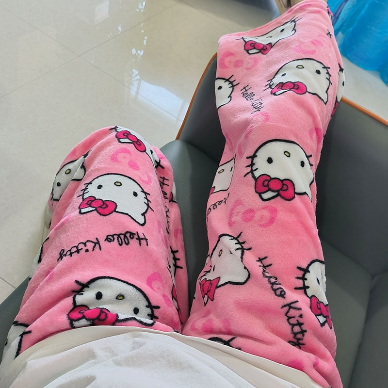 New Sanrio Anime Cartoon Hello Kitty Coral Fleece Pajama Pants Soft Trousers Women Casual Home Trousers Kawaii Birthday Gift