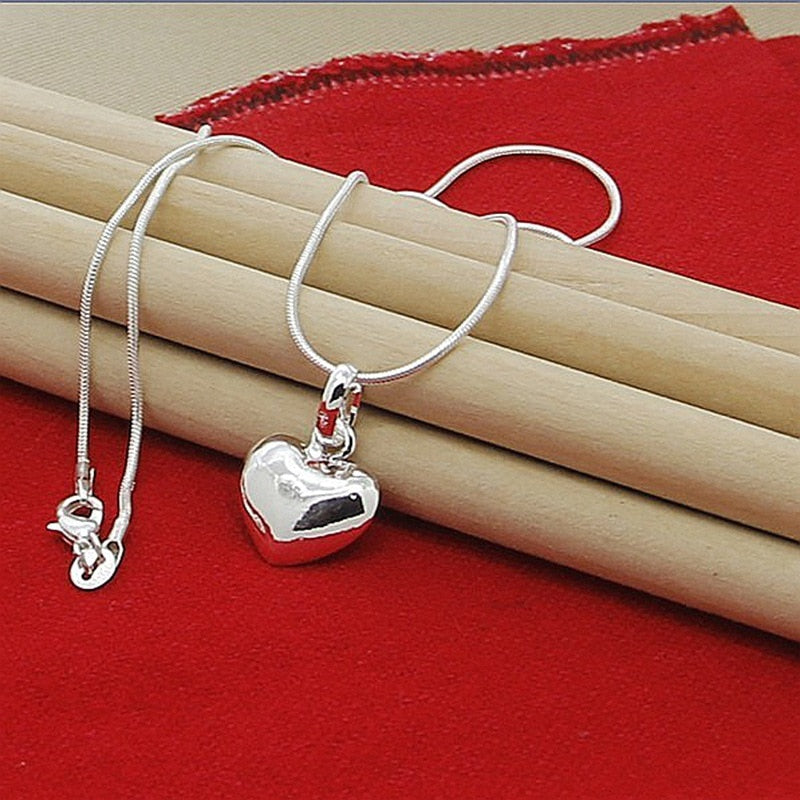 hot sale 925 Stamp Silver color Solid Heart Necklace 18-30 Inch Snake Chain For Women Girl Wedding Charm Fashion Jewelry luxury