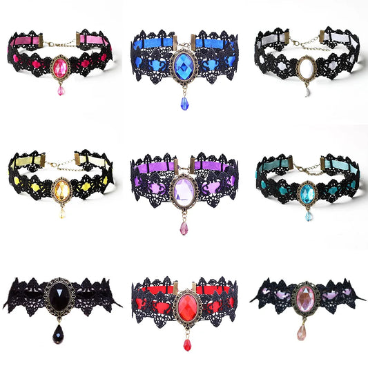 Gothic Victorian Black Lace Necklace Women Girl Boho Crystal Tassel Lace Choker Steampunk Dark Loli Style Halloween Jewelry