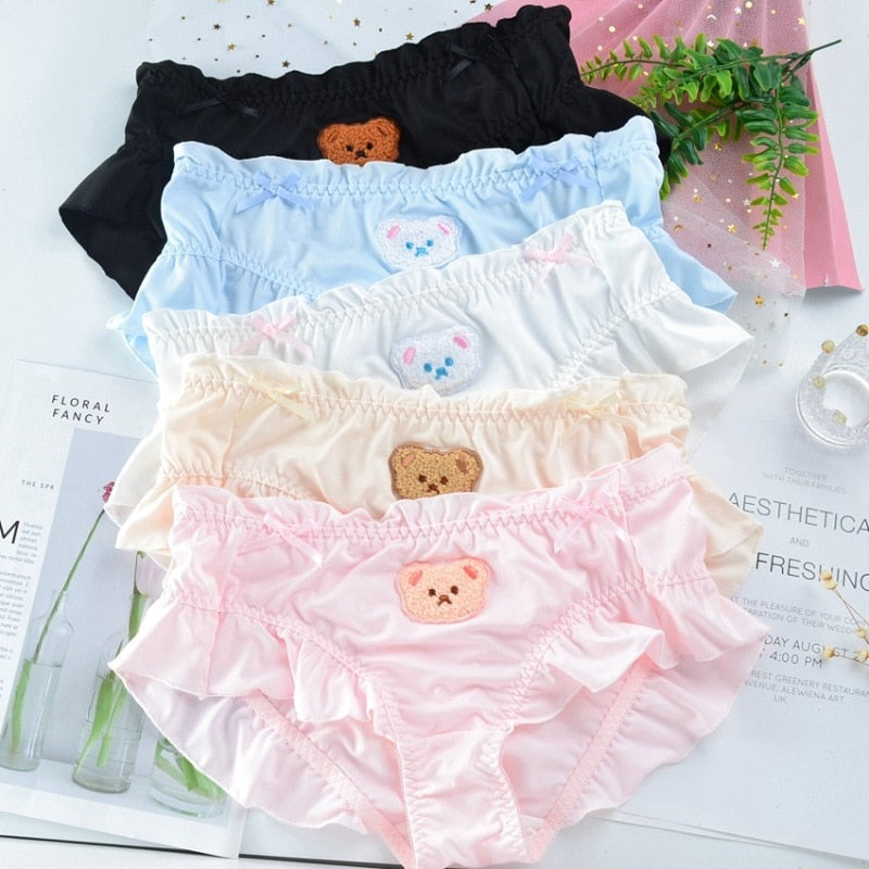 4XL Large Size Women Cute Lovely Sweety Japanese Style Lolita Panties Bear Embroidery Soft Ruffles Underwear