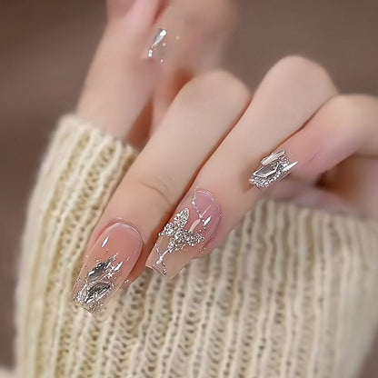 24Pcs Pink Ballet False Nails Long Coffin with Rhinestone Love Heart Wearable Fake Nails Full Cover Press on Nails Tips Glitter
