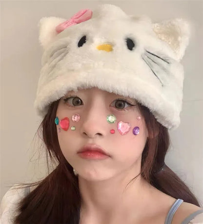 Kawaii Hello Kitty Hat for Girls Ins Style Y2K Hello Kitty Hats Women Sweet Fashion Winter Plush Warm Hat Cosplay Harajuku Hats