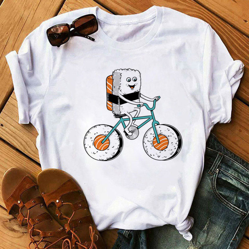 Women Black T-shirts Summer Cute Sushi hug Short Sleeve Tees shirt Femme Summer O-Nock Kawaii Clothing Tops Ladies T shirt