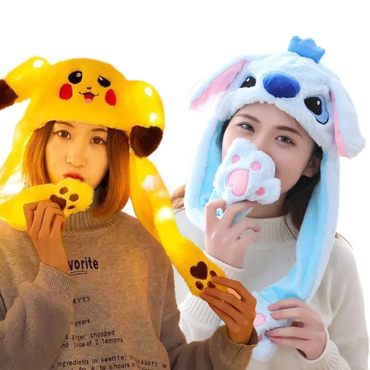 Pokemon Pikachu Stitch Glowing Plush Ear Moving Jumping Rabbit Hat Funny Kawaii Ears Moving Bunny Hat Cosplay Birthday Party Cap