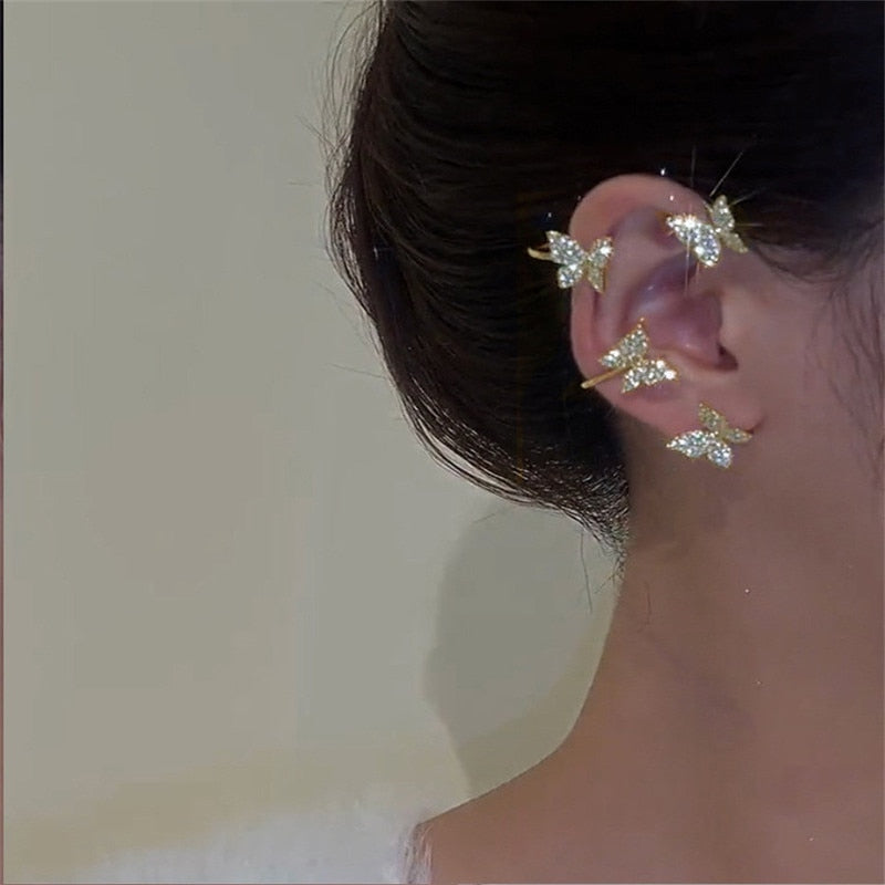 Korean Elf Butterfly Ear Cuff Without Piercing Clip Earrings for Women Elegant Sparkling Zircon Crystal Ear Clip Wedding Jewelry