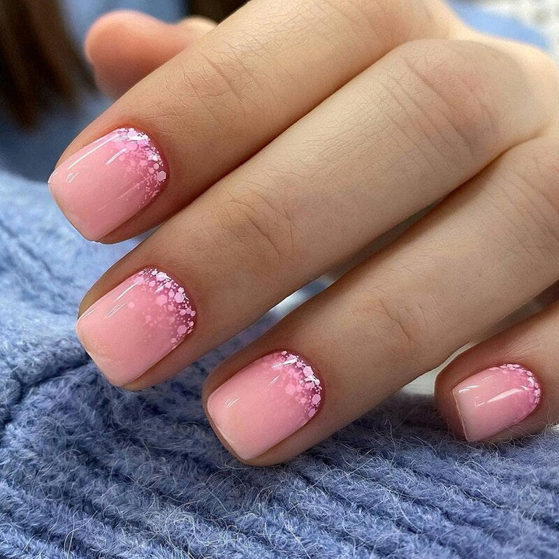 24pcs French White Side False Nails Wearable Rhinestone Desgin Fake Nails Short Simple Nail Full Cover Nail Tips Press On Nails