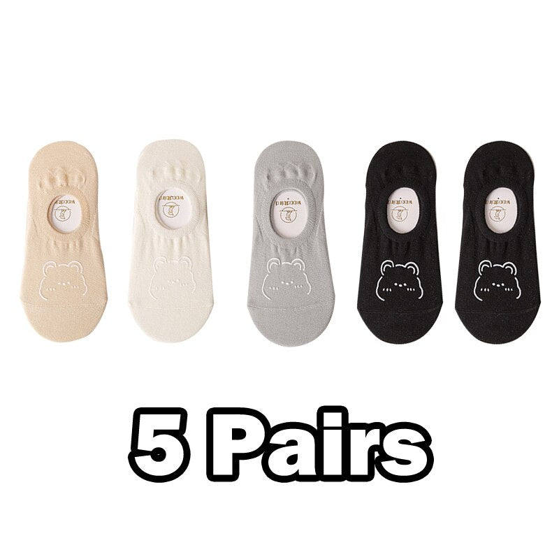 5 Pairs New Kawai Women Socks Summer Cute Japanese Fashion Cartoon Bear Funny Socks Soft Cotton Short Non-slip Invisible Socks